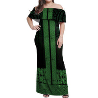 New Zealand Maori Kowhaiwhai Off Shoulder Maxi Dress Kakariki Maui and Mangopare