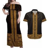 New Zealand Maori Kowhaiwhai Couples Matching Off Shoulder Maxi Dress and Hawaiian Shirt Karaka Maui and Mangopare