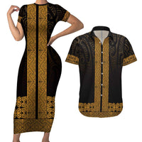 New Zealand Maori Kowhaiwhai Couples Matching Short Sleeve Bodycon Dress and Hawaiian Shirt Karaka Maui and Mangopare