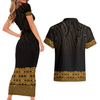 New Zealand Maori Kowhaiwhai Couples Matching Short Sleeve Bodycon Dress and Hawaiian Shirt Karaka Maui and Mangopare