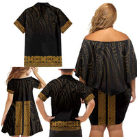 New Zealand Maori Kowhaiwhai Family Matching Off Shoulder Short Dress and Hawaiian Shirt Karaka Maui and Mangopare