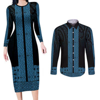 New Zealand Maori Kowhaiwhai Couples Matching Long Sleeve Bodycon Dress and Long Sleeve Button Shirt Kikorangi Maui and Mangopare