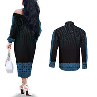 New Zealand Maori Kowhaiwhai Couples Matching Off The Shoulder Long Sleeve Dress and Long Sleeve Button Shirt Kikorangi Maui and Mangopare