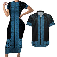 New Zealand Maori Kowhaiwhai Couples Matching Short Sleeve Bodycon Dress and Hawaiian Shirt Kikorangi Maui and Mangopare