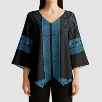 New Zealand Maori Kowhaiwhai Kimono Sleeve Blouse Kikorangi Maui and Mangopare - Polynesian Pride