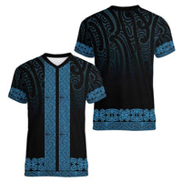 New Zealand Maori Kowhaiwhai Women V-Neck T-Shirt Kikorangi Maui and Mangopare