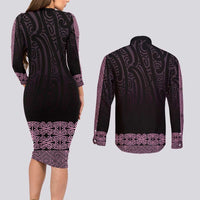New Zealand Maori Kowhaiwhai Couples Matching Long Sleeve Bodycon Dress and Long Sleeve Button Shirt Mawhero Maui and Mangopare
