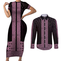 New Zealand Maori Kowhaiwhai Couples Matching Short Sleeve Bodycon Dress and Long Sleeve Button Shirt Mawhero Maui and Mangopare