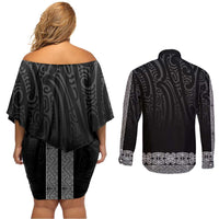 New Zealand Maori Kowhaiwhai Couples Matching Off Shoulder Short Dress and Long Sleeve Button Shirt Pango Maui and Mangopare