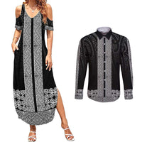 New Zealand Maori Kowhaiwhai Couples Matching Summer Maxi Dress and Long Sleeve Button Shirt Pango Maui and Mangopare
