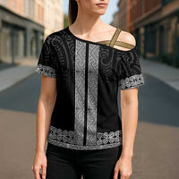 New Zealand Maori Kowhaiwhai Cross Shoulder Shirt Pango Maui and Mangopare - Polynesian Pride