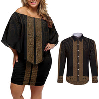 New Zealand Maori Kowhaiwhai Couples Matching Off Shoulder Short Dress and Long Sleeve Button Shirt Parauri Maui and Mangopare