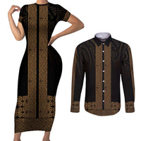New Zealand Maori Kowhaiwhai Couples Matching Short Sleeve Bodycon Dress and Long Sleeve Button Shirt Parauri Maui and Mangopare