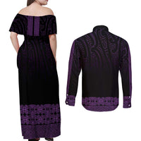 New Zealand Maori Kowhaiwhai Couples Matching Off Shoulder Maxi Dress and Long Sleeve Button Shirt Waiporoporo Maui and Mangopare