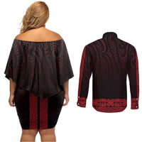 New Zealand Maori Kowhaiwhai Couples Matching Off Shoulder Short Dress and Long Sleeve Button Shirt Whero Maui and Mangopare