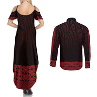 New Zealand Maori Kowhaiwhai Couples Matching Summer Maxi Dress and Long Sleeve Button Shirt Whero Maui and Mangopare