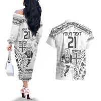 Custom Fiji Black Fern Couples Matching Off The Shoulder Long Sleeve Dress and Hawaiian Shirt Maori Warroir with Fijian Masi Pattern