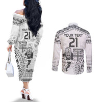 Custom Fiji Black Fern Couples Matching Off The Shoulder Long Sleeve Dress and Long Sleeve Button Shirt Maori Warroir with Fijian Masi Pattern