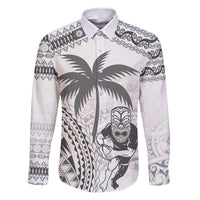 Custom Fiji Black Fern Family Matching Mermaid Dress and Hawaiian Shirt Maori Warroir with Fijian Masi Pattern LT9 Dad's Shirt - Long Sleeve White - Polynesian Pride