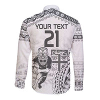 Custom Fiji Black Fern Long Sleeve Button Shirt Maori Warroir with Fijian Masi Pattern