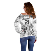 Custom Fiji Black Fern Off Shoulder Sweater Maori Warroir with Fijian Masi Pattern