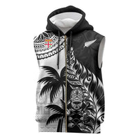 Fiji New Zealand Rugby Personalised Sleeveless Zip Hoodie Maori and Tapa Pattern LT9 Black - Polynesian Pride