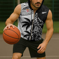 Fiji New Zealand Rugby Personalised Sleeveless Zip Hoodie Maori and Tapa Pattern LT9 - Polynesian Pride