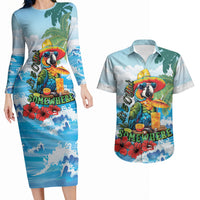 Funny Parrot Margarita Five O'clock Somewhere Couples Matching Long Sleeve Bodycon Dress and Hawaiian Shirt LT9 Blue - Polynesian Pride