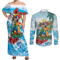 Funny Parrot Margarita Five O'clock Somewhere Couples Matching Off Shoulder Maxi Dress and Long Sleeve Button Shirt LT9 Blue - Polynesian Pride