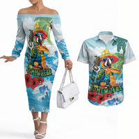 Funny Parrot Margarita Five O'clock Somewhere Couples Matching Off The Shoulder Long Sleeve Dress and Hawaiian Shirt LT9 Blue - Polynesian Pride
