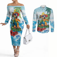Funny Parrot Margarita Five O'clock Somewhere Couples Matching Off The Shoulder Long Sleeve Dress and Long Sleeve Button Shirt LT9 Blue - Polynesian Pride