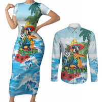 Funny Parrot Margarita Five O'clock Somewhere Couples Matching Short Sleeve Bodycon Dress and Long Sleeve Button Shirt LT9 Blue - Polynesian Pride