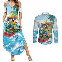 Funny Parrot Margarita Five O'clock Somewhere Couples Matching Summer Maxi Dress and Long Sleeve Button Shirt LT9 Blue - Polynesian Pride