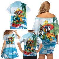 Funny Parrot Margarita Five O'clock Somewhere Family Matching Off Shoulder Short Dress and Hawaiian Shirt