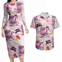 Hawaii Flamingo Hello Summer Couples Matching Long Sleeve Bodycon Dress and Hawaiian Shirt Hawaiian Quilt Pattern LT9 Pink - Polynesian Pride