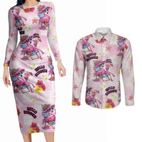 Hawaii Flamingo Hello Summer Couples Matching Long Sleeve Bodycon Dress and Long Sleeve Button Shirt Hawaiian Quilt Pattern LT9 Pink - Polynesian Pride