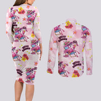 Hawaii Flamingo Hello Summer Couples Matching Long Sleeve Bodycon Dress and Long Sleeve Button Shirt Hawaiian Quilt Pattern