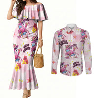 Hawaii Flamingo Hello Summer Couples Matching Mermaid Dress and Long Sleeve Button Shirt Hawaiian Quilt Pattern LT9 Pink - Polynesian Pride