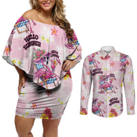 Hawaii Flamingo Hello Summer Couples Matching Off Shoulder Short Dress and Long Sleeve Button Shirt Hawaiian Quilt Pattern LT9 Pink - Polynesian Pride