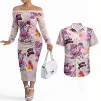 Hawaii Flamingo Hello Summer Couples Matching Off The Shoulder Long Sleeve Dress and Hawaiian Shirt Hawaiian Quilt Pattern LT9 Pink - Polynesian Pride