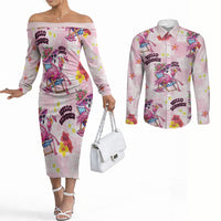 Hawaii Flamingo Hello Summer Couples Matching Off The Shoulder Long Sleeve Dress and Long Sleeve Button Shirt Hawaiian Quilt Pattern LT9 Pink - Polynesian Pride