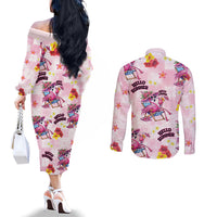 Hawaii Flamingo Hello Summer Couples Matching Off The Shoulder Long Sleeve Dress and Long Sleeve Button Shirt Hawaiian Quilt Pattern