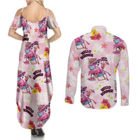 Hawaii Flamingo Hello Summer Couples Matching Summer Maxi Dress and Long Sleeve Button Shirt Hawaiian Quilt Pattern