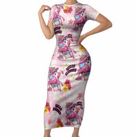 Hawaii Flamingo Hello Summer Short Sleeve Bodycon Dress Hawaiian Quilt Pattern LT9 Long Dress Pink - Polynesian Pride