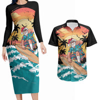 Vintage Santa Claus Surfing Summer Couples Matching Long Sleeve Bodycon Dress and Hawaiian Shirt Mele Kalikimaka i Iulai! LT9 Black - Polynesian Pride