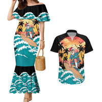 Vintage Santa Claus Surfing Summer Couples Matching Mermaid Dress and Hawaiian Shirt Mele Kalikimaka i Iulai!
