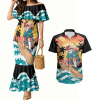 Vintage Santa Claus Surfing Summer Couples Matching Mermaid Dress and Hawaiian Shirt Mele Kalikimaka i Iulai! LT9 Black - Polynesian Pride