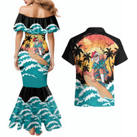 Vintage Santa Claus Surfing Summer Couples Matching Mermaid Dress and Hawaiian Shirt Mele Kalikimaka i Iulai!