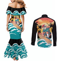 Vintage Santa Claus Surfing Summer Couples Matching Mermaid Dress and Long Sleeve Button Shirt Mele Kalikimaka i Iulai!
