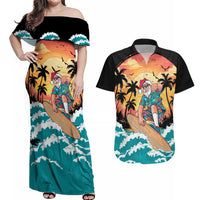 Vintage Santa Claus Surfing Summer Couples Matching Off Shoulder Maxi Dress and Hawaiian Shirt Mele Kalikimaka i Iulai!